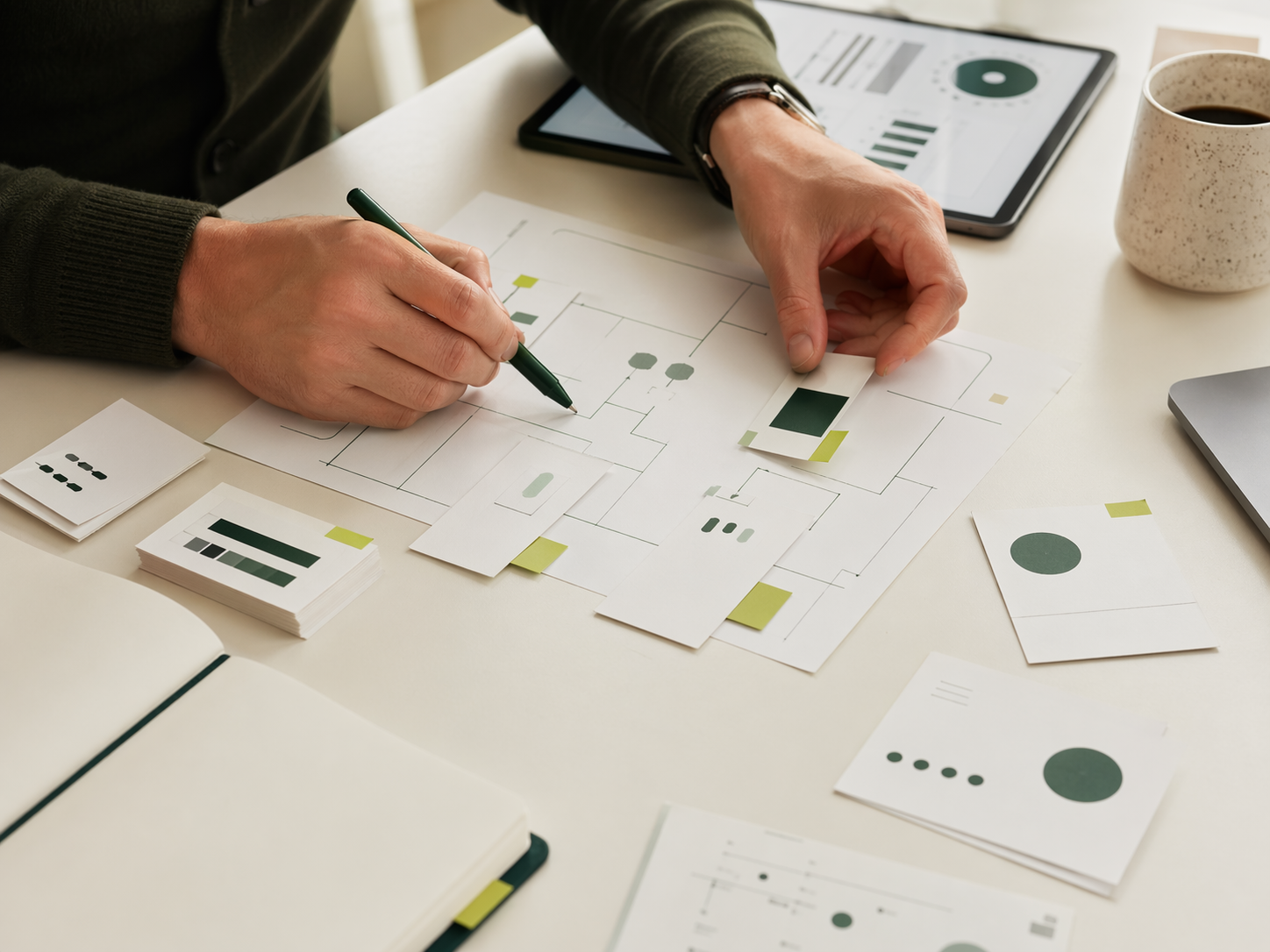 Hands arranging enterprise account strategy cards and workflow notes